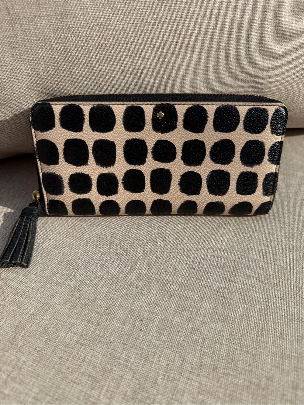 kate spade Black Dot Print Pink Zip-Around Wallet with Tassel